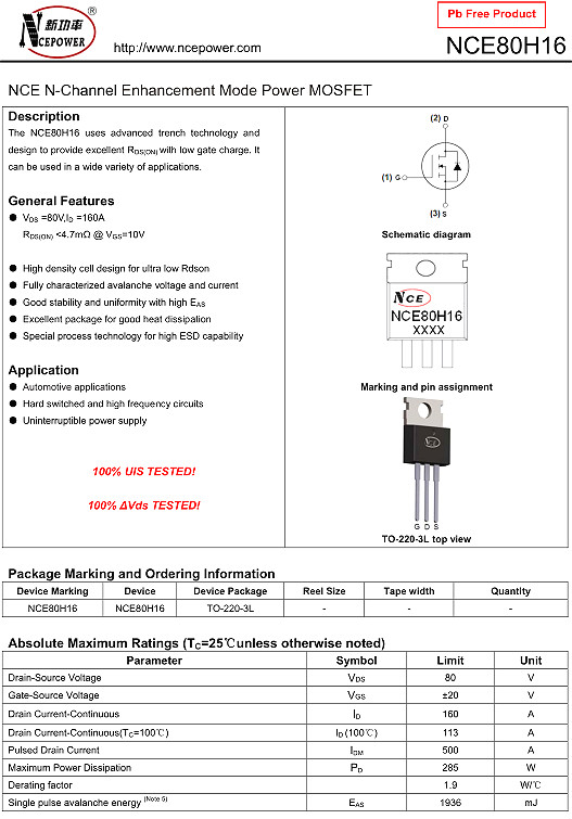 NCE80H16,NCE80H16參數(shù),160A/80V